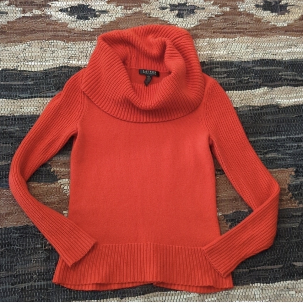 Lauren Ralph Lauren orange wool blend knit chic timeless cowl neck sweater XS